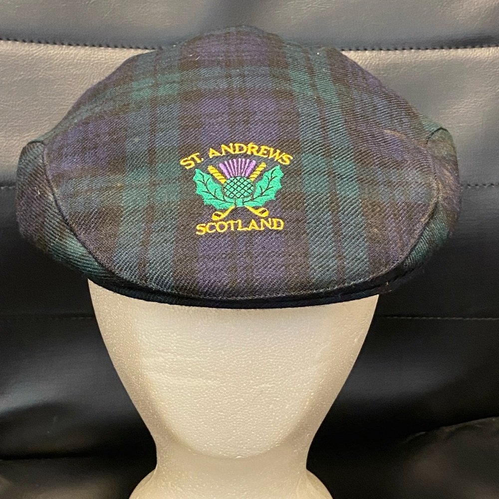 Gelfer Scotland Country Club St. Andrews Blue Green Plaid Newsboy Cap Sz Large
